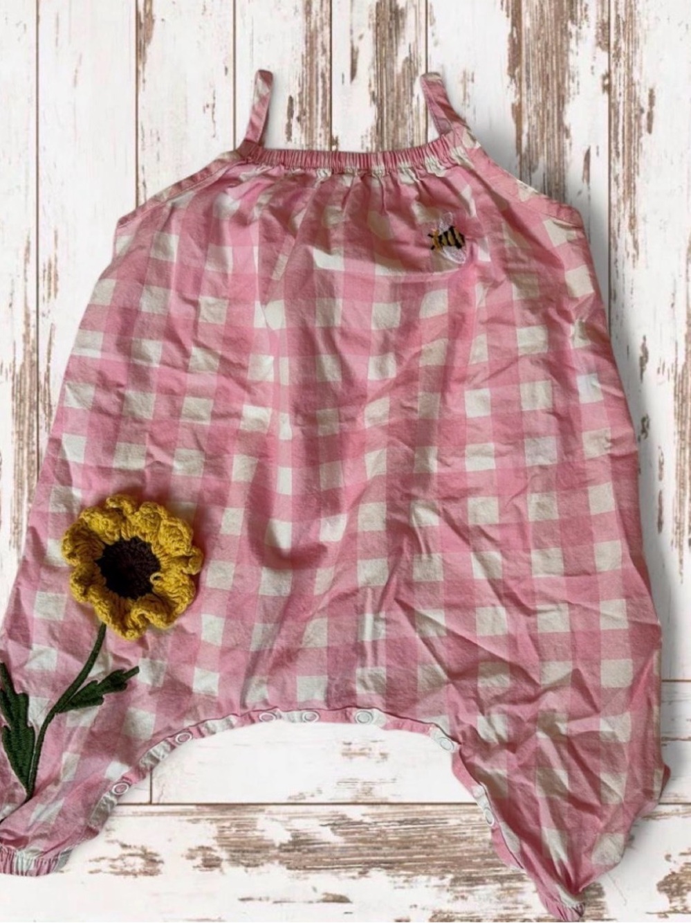 Mud Pie Pink and White Gingham Infant Romper with Sunflower Accent